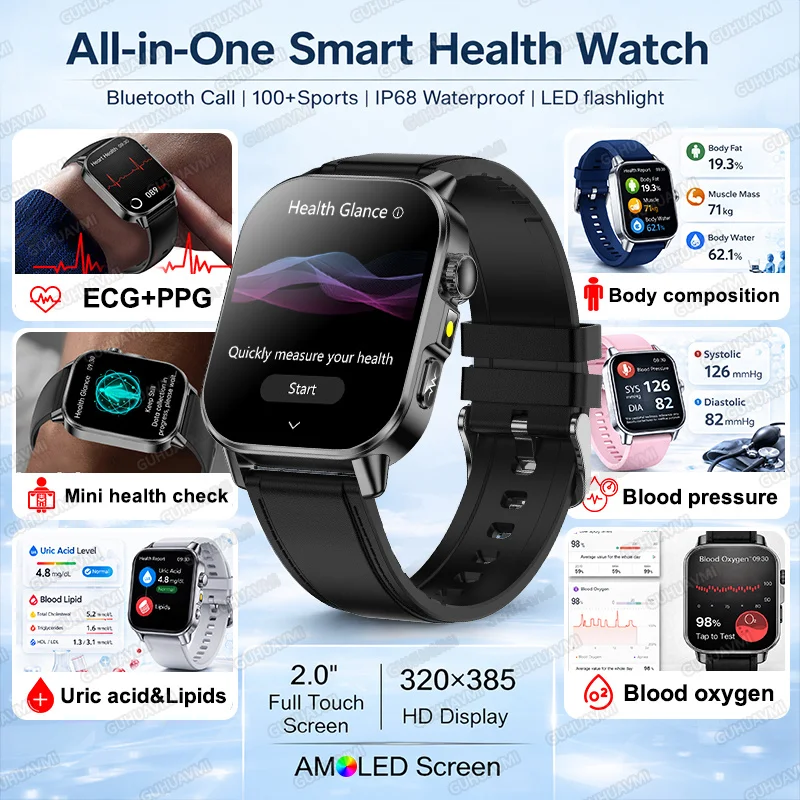 2026 New Care Grade Health Smart Watch ECG+PPG Uric Acid Blood Lipids Blood Pressure Monitoring Bluetooth Call AMOLED Smartwatch