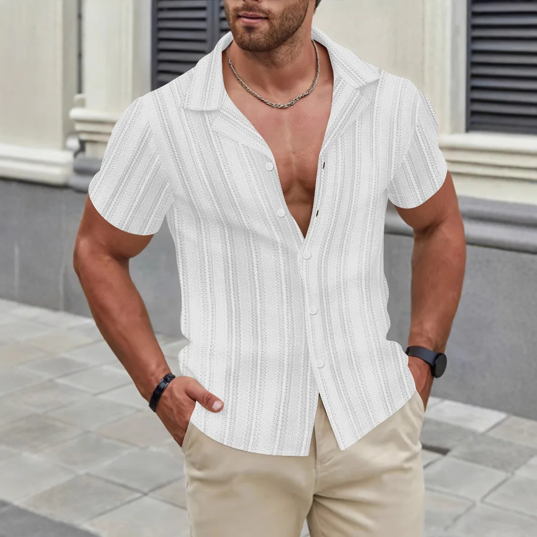 2025 Summer New Style Fashion Short-Sleeved Solid Color Shirt with Collarless Open Design for Men in Europe and America