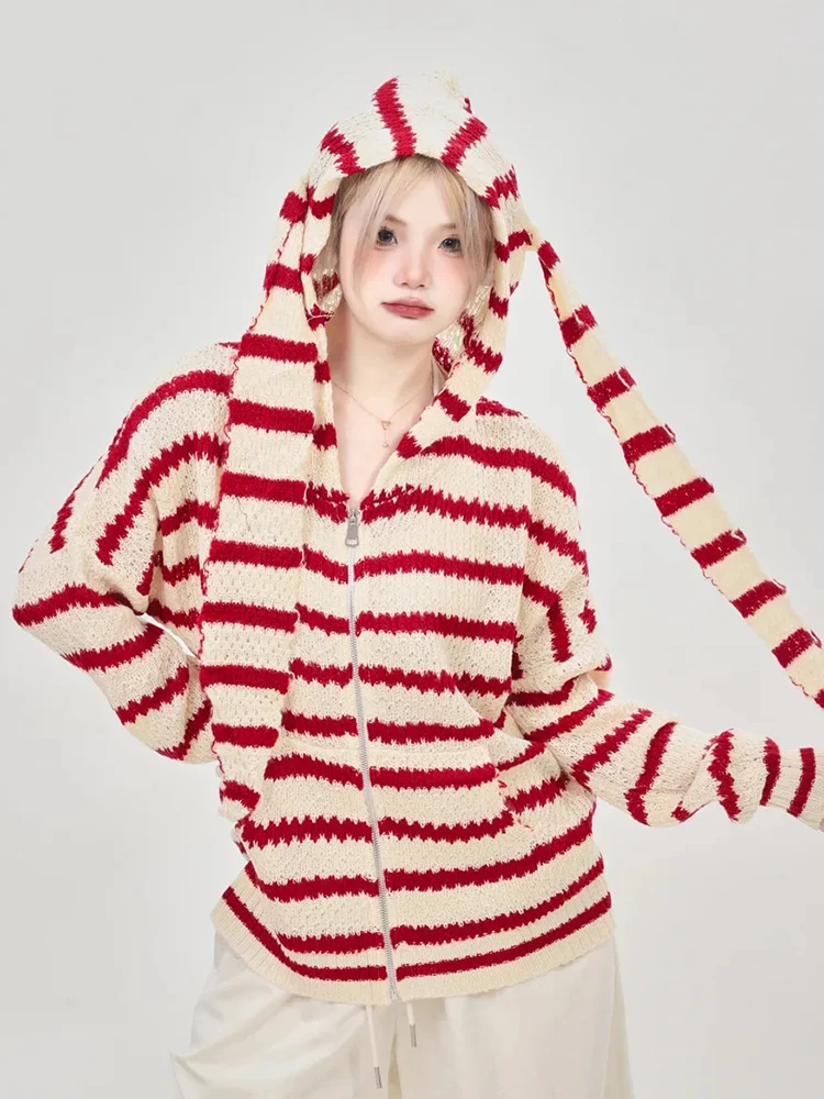 

Милый кардиган с капюшоном и кроличьими ушками, женский кардиган с длинным рукавом Kawaii, вязаные полосатые свитера, винтажные осенние свободные топы в консервативном стиле, пальто