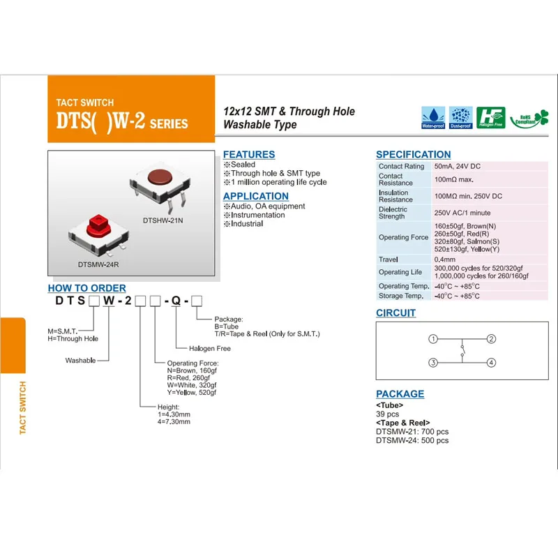 10PCS/LOTS Taiwan DIP Waterproof and Dustproof Tactile Switch 12*12*4.3 SMT 4-pin Tap Reset Button