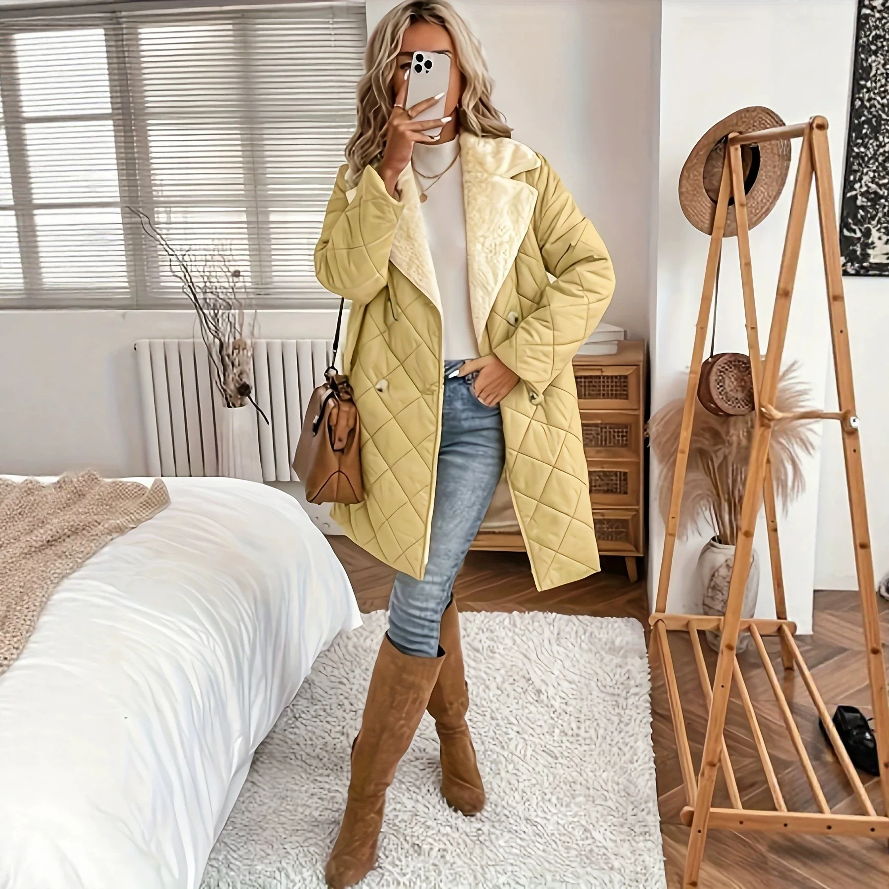 Women's Autumn Quilted Jacket with Fur Zipper Letter Print White Long Coat Women Parkas Plus size Outerwear Tops