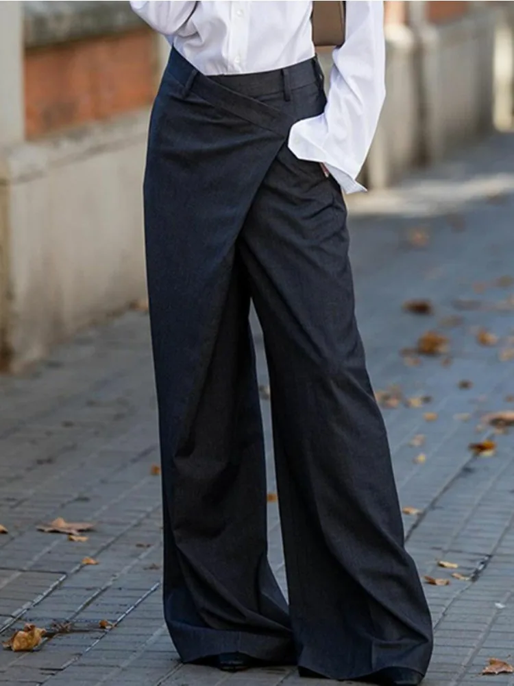 2026 Women High Waist Asymmetric Wide Leg Pants Floor Length Casual Office Trousers Women's Pants & Trousers