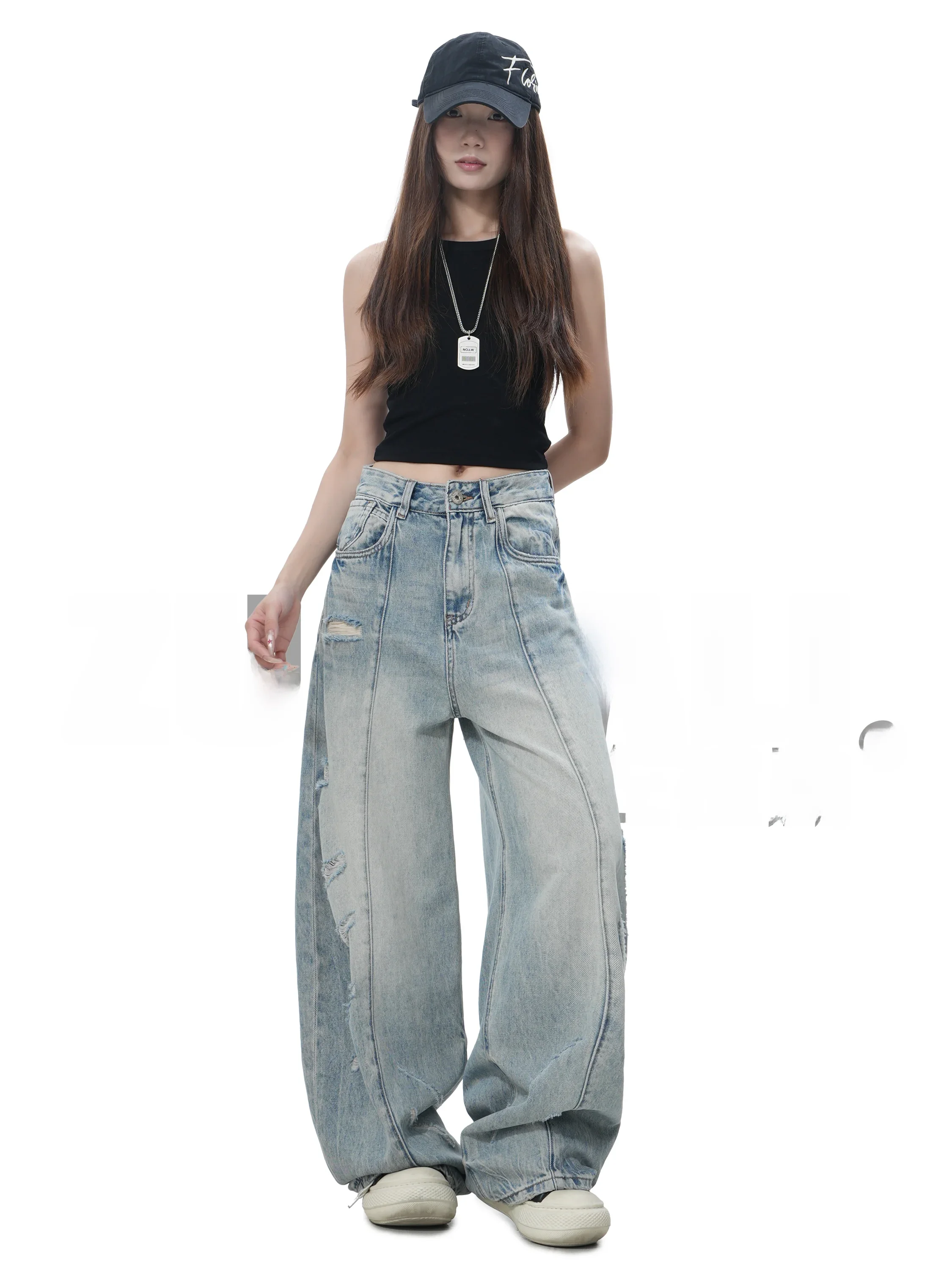 

High Waist Wide Leg Jeans Casual Style Street Trend Washed Loose Fit Design Comfortable Breathable Blue Denim Pants for Women