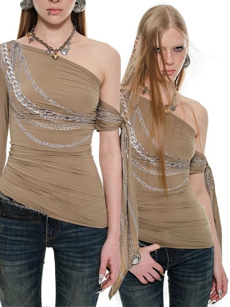 American Sexy Slant Shoulder Tie T Shirt Women Street Slim Print Tee Summer Flutter Harajuku Y2K Subculture Tops Chic