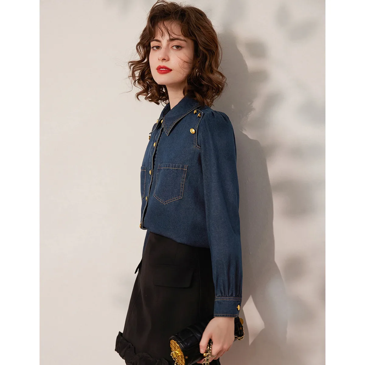 LOUIS YAO New Buttons Decorated Denim Shirt 2025 Spring Fashion Casual Loose Collar Long-sleeved Women's Shirt Jeans Tops