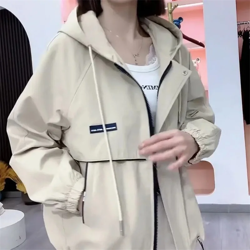 Solid Color Female Hooded Charge Jacket Spring And Autumn Women Fashion Loose Fitting Outerwear Ladies Advanced Sense Tops Coat