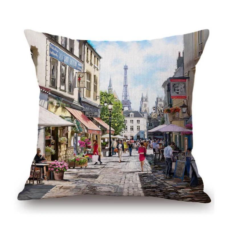 Paris London Venice Street View Oil Painting Cotton Linen Sofa Throw Pillow Case Nordic Modern Decoration Art  Cushion Cover