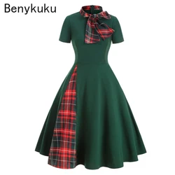 Red Plaid 50s Vintage Pin Up Midi Dress Bow Tie Neck Casual Robe Femme Women Short Sleeve Summer A Line Elegant Dresses Vestidos