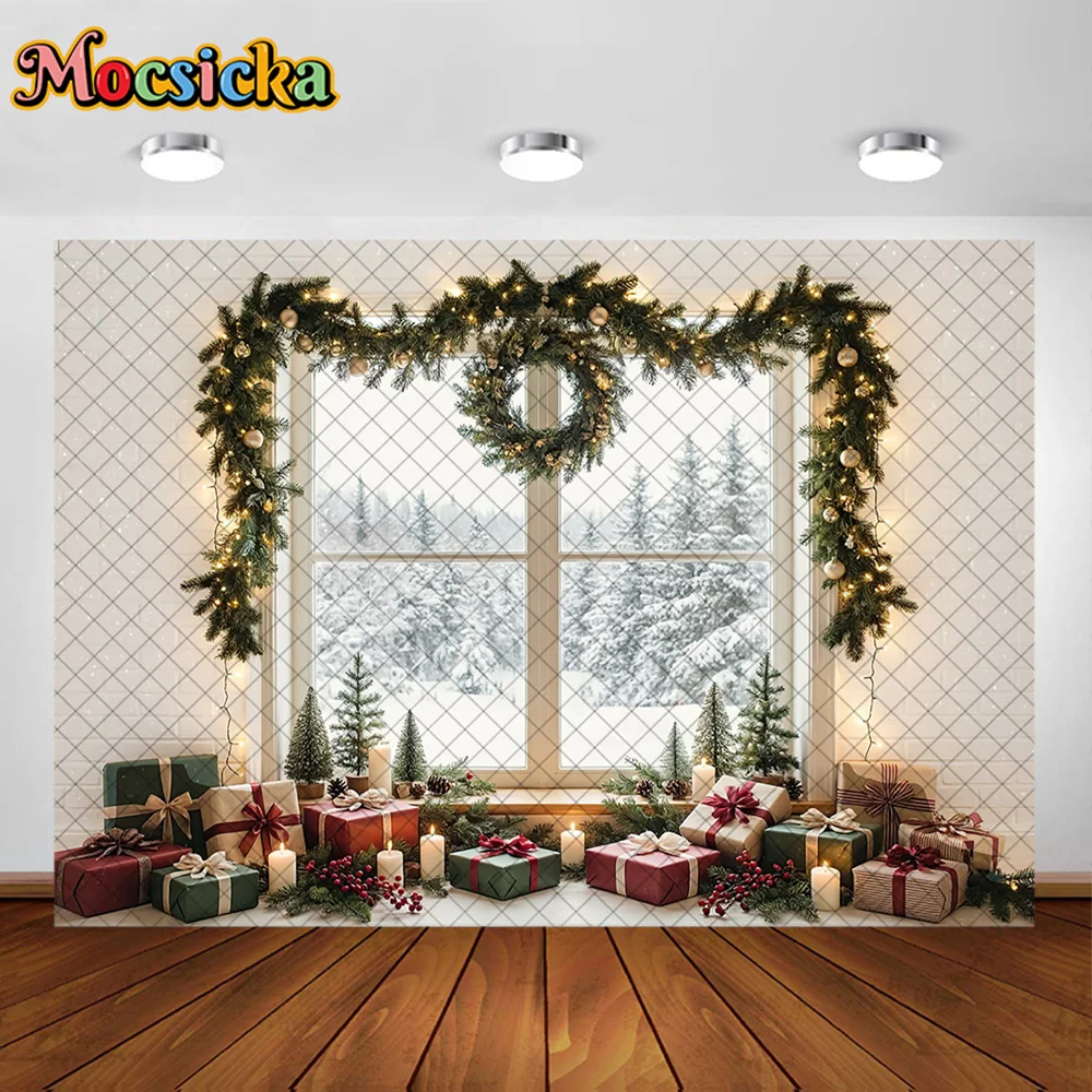 Mocsicka 3D Corner Room Photography Backdrop White Brick Wall Wooden Door Decoration Family Xmas Holiday Portrait Studio Props