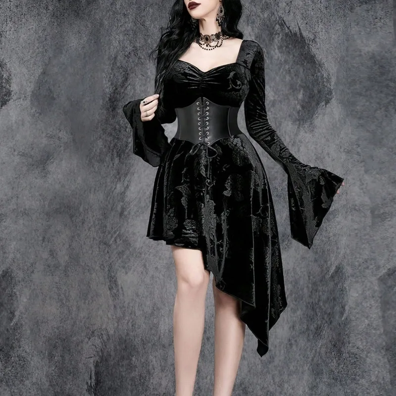 2024 New Harajuku Gothic Punk Dark Retro Dress Gothic Halloween Irregular V-neck Flared Sleeve Dark Dresses Excluding Waist Seal