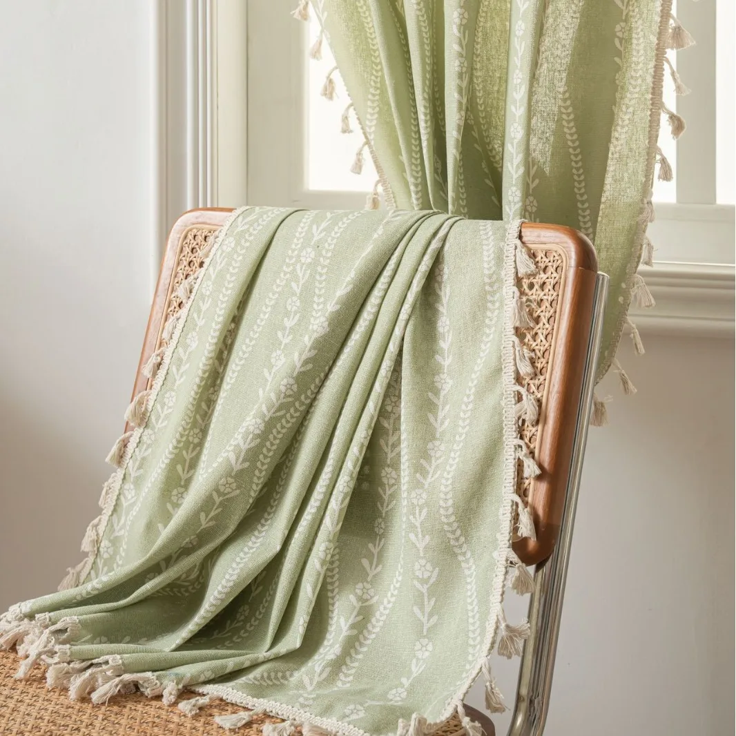 Boho Curtain for Living Room,Cotton Linen Semi Sheer Vintage Farmhouse Printed Floral Curtain For Kitchen Living Room Bedroom
