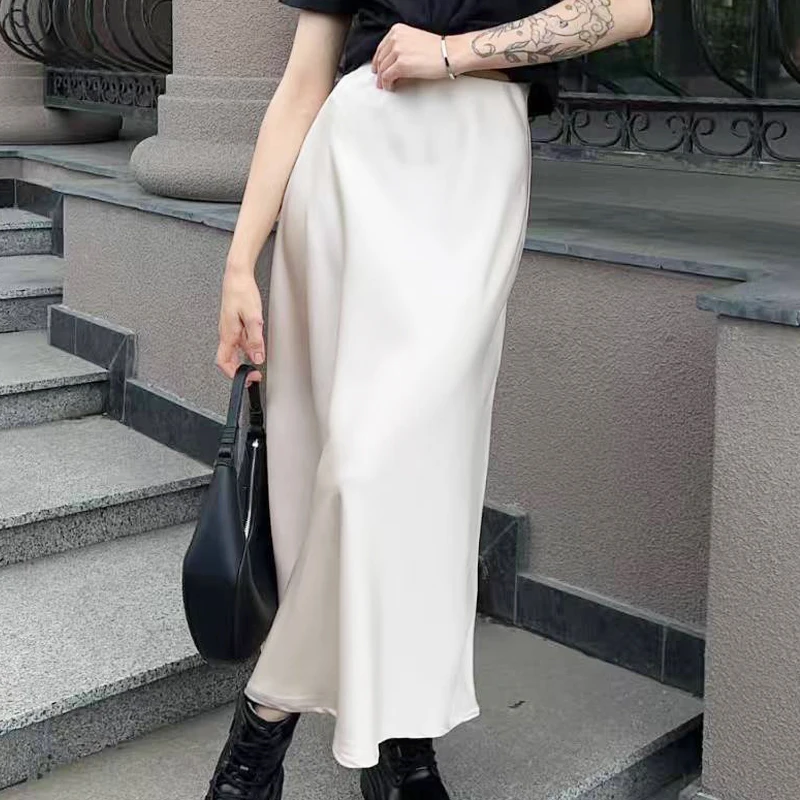 HXAO Eleganter Midi-Satinrock für Damen, Sommer 2026, gepunkteter A-Linien-Rock mit hoher Taille, glatt, in den Farben Schwarz, Weiß, Grün, Khaki. – Detail 5