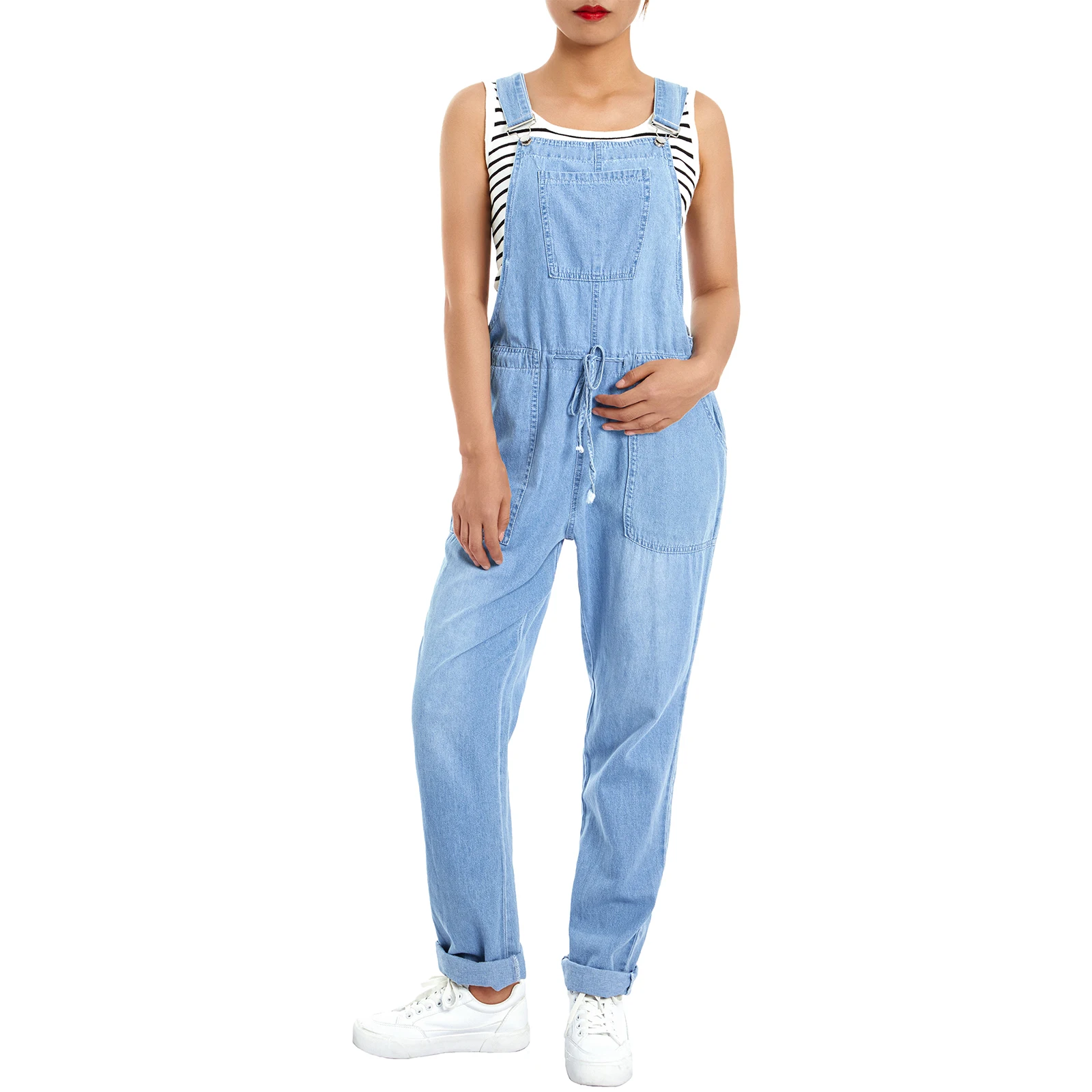 Women's Casual Sleeveless Denim Blue Jumpsuit with Pocket Tie Elastic Mid-Waist Suspender Trousers Denim Overalls Oversized XXXL