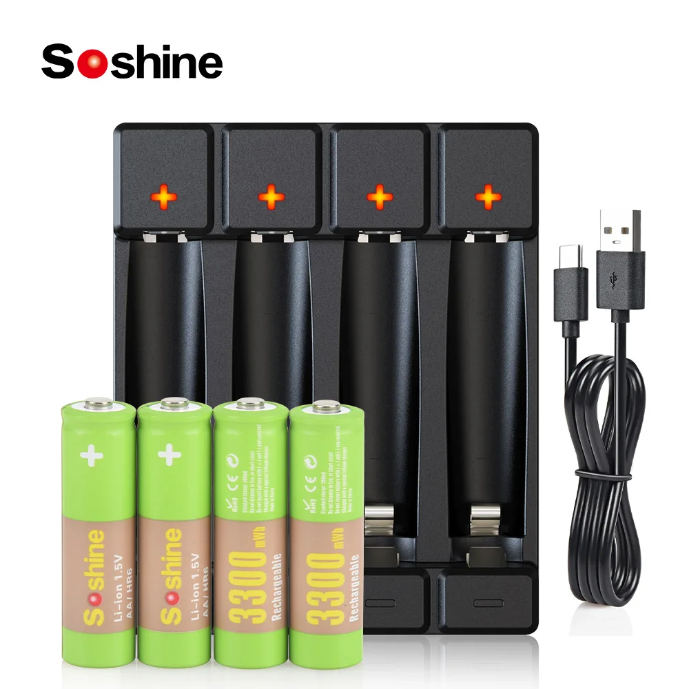 Soshine 1.5V AA 3300mWh Rechargeable Battery 3300mWh Lithium Batteries and Li-ion AA AAA Smart Rechargeable Batteries Charger