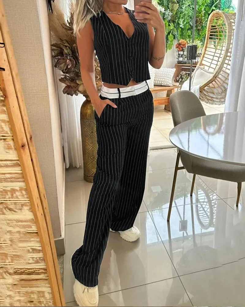 Women Office Two Piece Sets New Fashion Striped Buttoned Vest Top and Pocket Design Pants Set