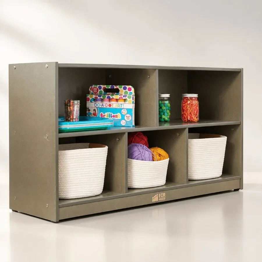 5-Compartment Mobile Storage Cabinet for Toddler and Classroom Furniture, Grey Wash Finish, Durable Wood Construction view 2