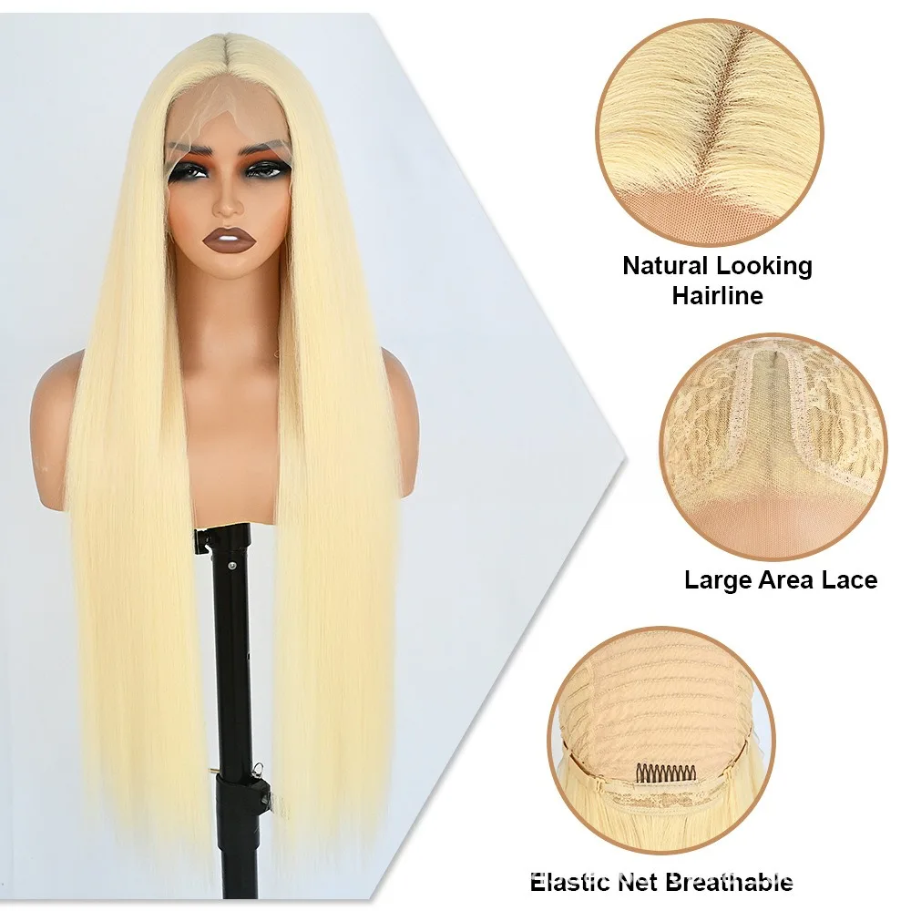 32 Inch Light Blonde Straight Wig T Part Lace Front Glueless Wig Heat Resistant Synthetic Hair Wig 150 Density Natural Look