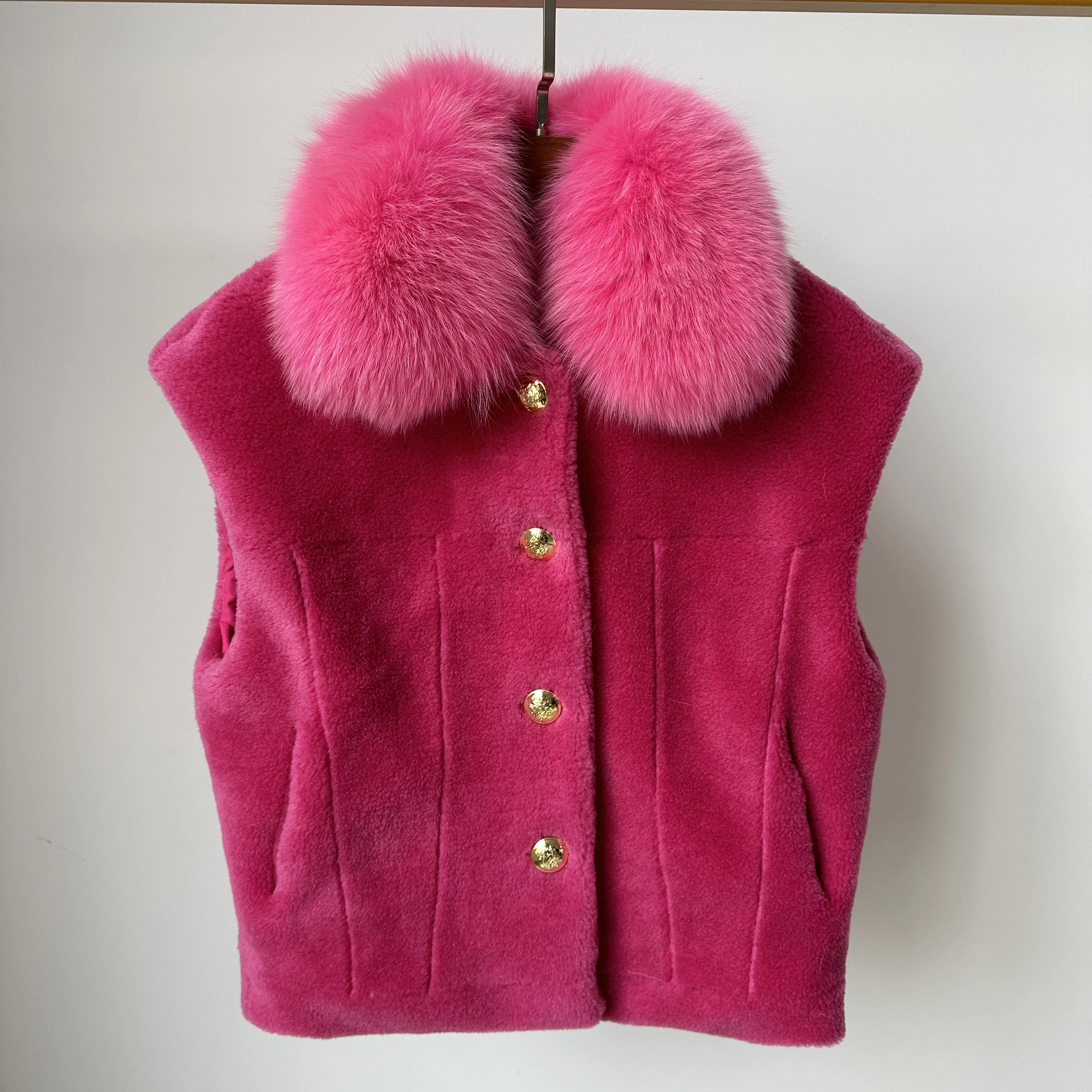 

Custom Shearling Waistcoat With Real Fox Fur Collar Winter Wool Vest Women Plus Size Luxury Teddy Bear Fur Gilet