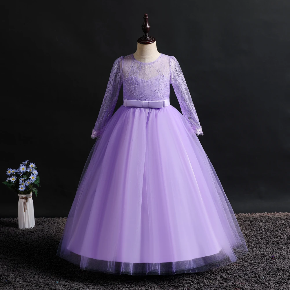 Dress Girl 8 Colors 120cm-170cm Long Sleeve Wedding Party Children Ball Gown Lace Performance Vestidos Kids Skirt