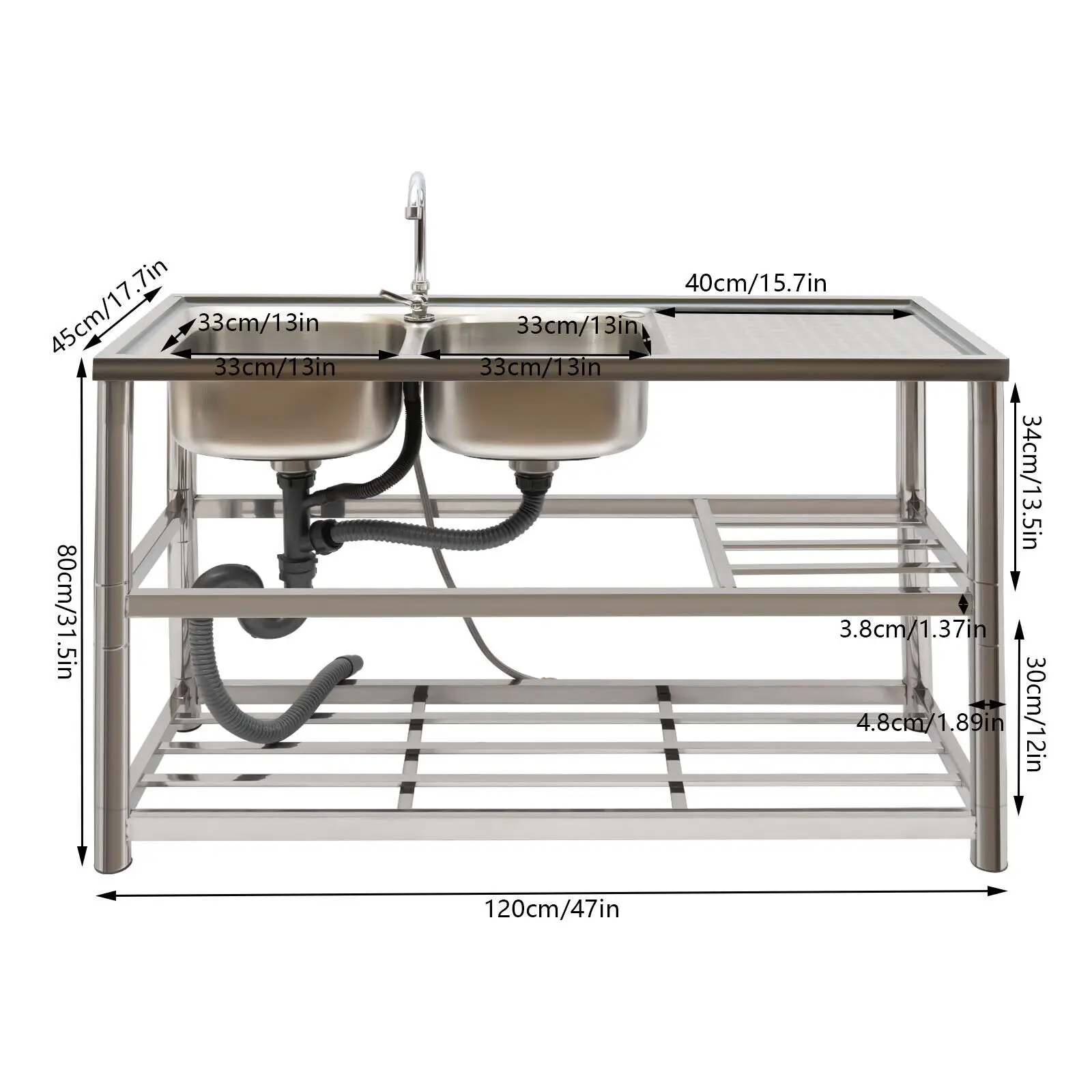 Stainless Steel 2-Compartment Sink Prep Table with Faucet Set for Commercial Kitchen