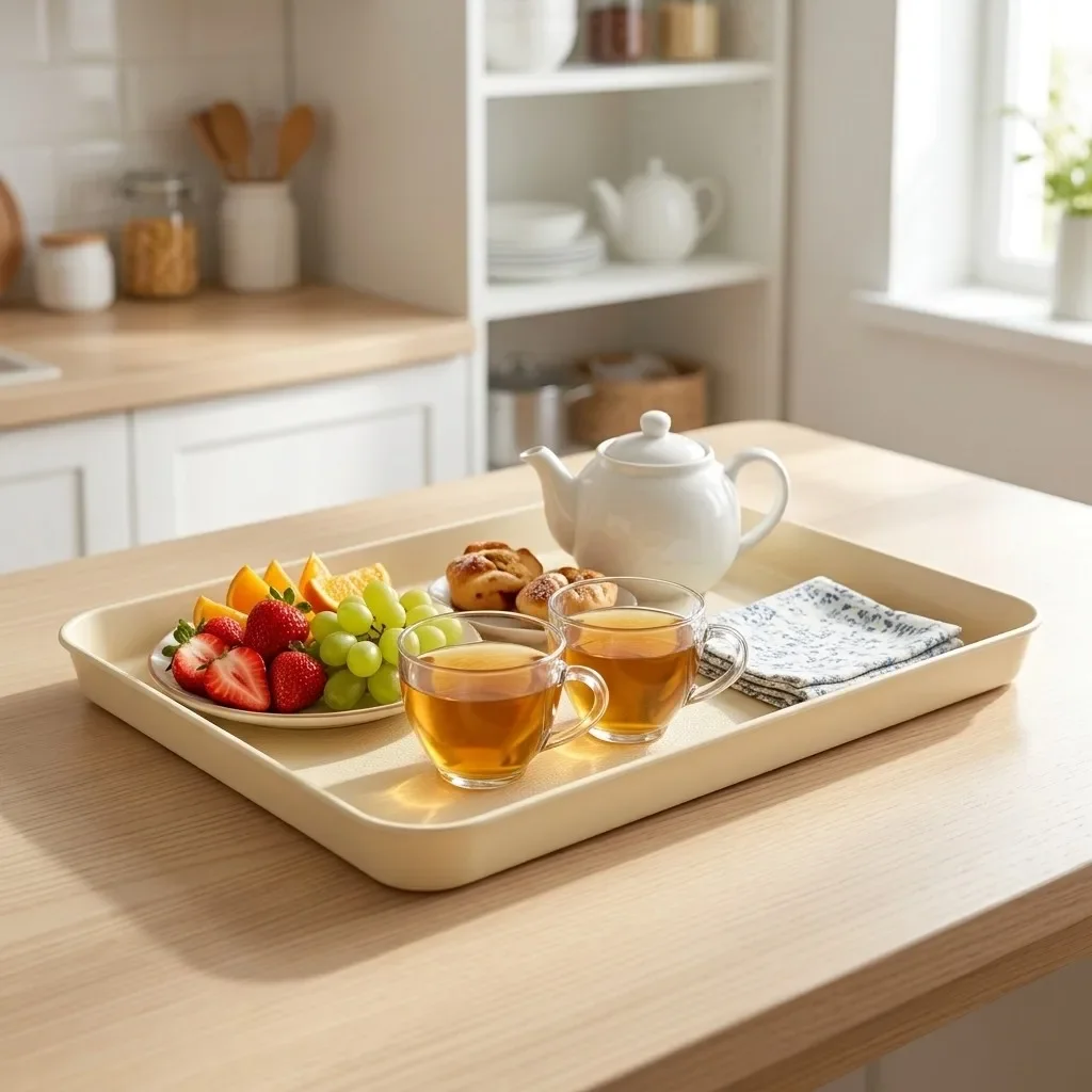 Plastic Serving Tray Raised Edge Anti-Slip Breakfast Food Storage Tray Stackable Faux Wood Decorative Tray Kitchen Organizer