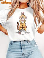 Cute Winnie The Pooh and Tigger Print Round Neck Summer Women's T-Shirt Retro Fashion Casual Everyday Versatile Top Plus Size