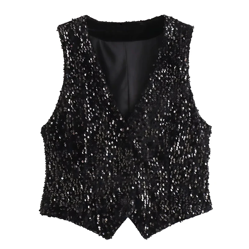 Casual Solid Sequin V-Neck Thin Waistcoat Elegant Women Sleeveless Fashion Club Party Lady Tops Vest Simple Style Streetwear