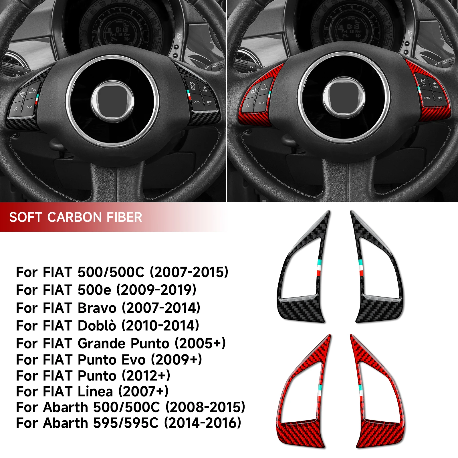 Para FIAT Abarth 500 500c 500e 595C Bravo Doblò Grande Punto Linea Punto. Painel de Acabamento do Volante do Carro, Adesivo de Fibra de Carbono