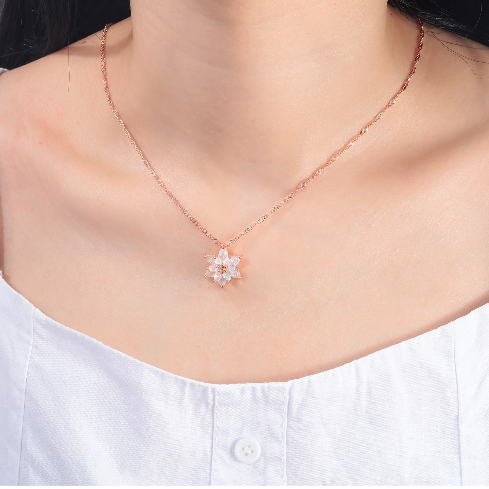 CiNily Delicate Flower Shaped Fire Opal Pendant Necklace Rose Gold Plated Trendy Jewelry Gifts for Women Girls(with Chain)