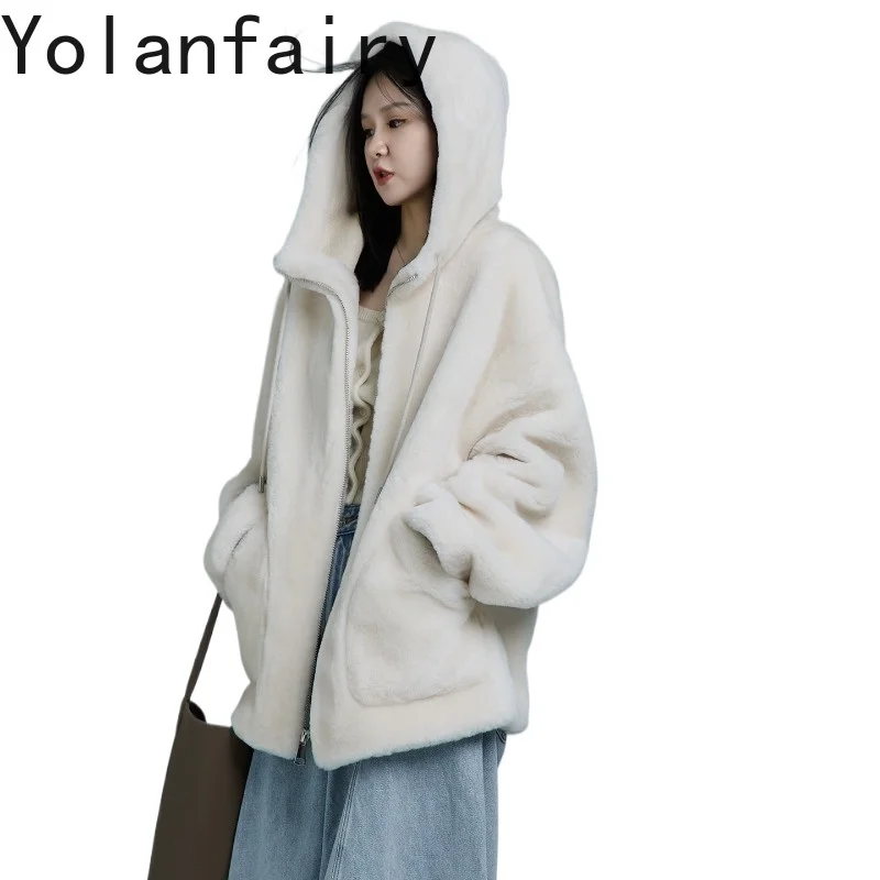 

YOLANFAIRY Real Fur Coats Women Ultra Soft Lightweight Merino Shearling Coat Hooded Mid-length Natural Lamb Fur Jacket Winter