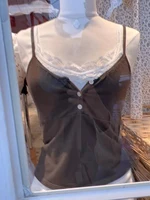 Camisetas sin mangas con botones y encaje marrón Retro para mujer, Top corto Sexy ajustado sin mangas de algodón con cuello en V, camisola Y2K elegante Vintage dulce