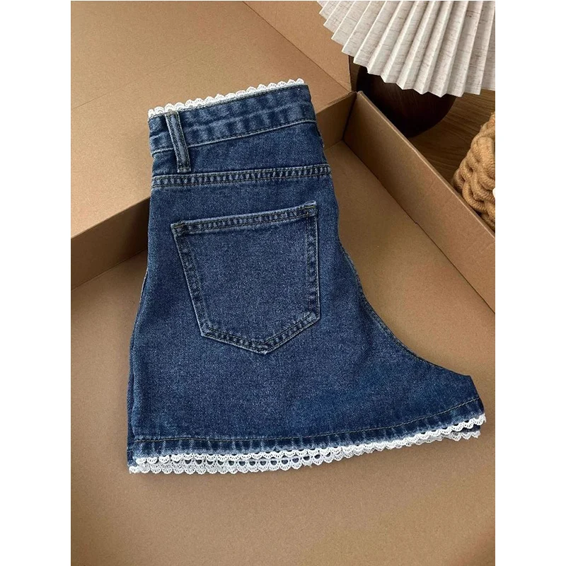 2025年夏の新トレンド、セクシーなレースパッチワークハイウエストワイドレッグパンツ、女性用オールマッチファッショナブルなボタンジッパージーンズ