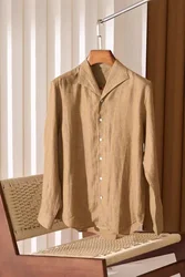 Spring and summer men's KIT new linen contrasting striped business casual square neck long sleeved shirt