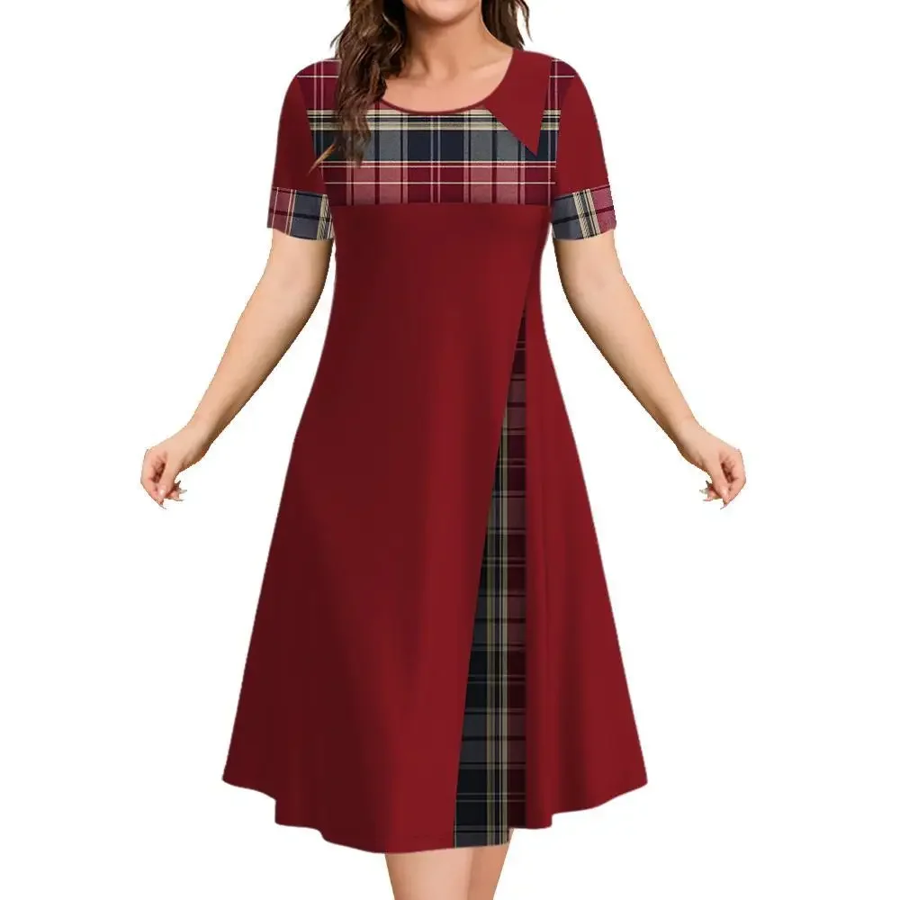 Plus Size Womens Dresses 3D Plaid Print Short Sleeve Casual Loose Dress Summer Lady Oversized Vacation Elegant Dress 7XL 8XL 9XL