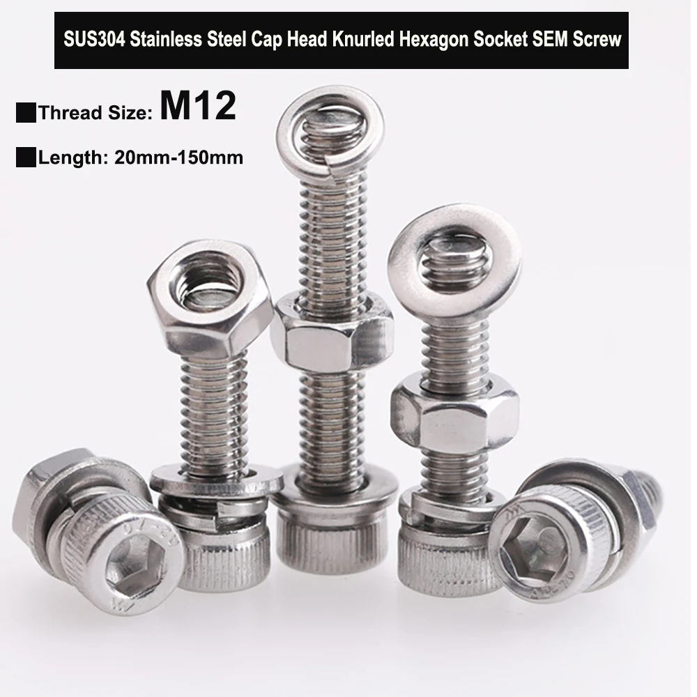 M12xP1.75 Stainless Steel Knurled Cap Head Hexagon Socket Bolt Three Combination Screw with Plain Washer Spring Washer and Nut