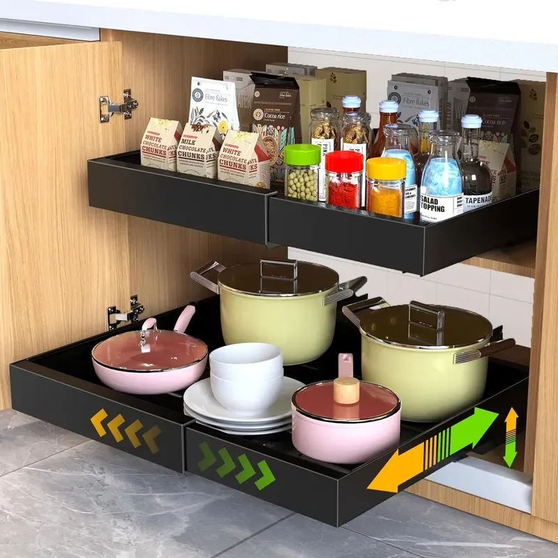 2 Pack Pull Out Cabinet Organizer 21 Inch Deep Slide Out Drawer Organizers No Drill Pull Out Drawers Adhesive with Nano