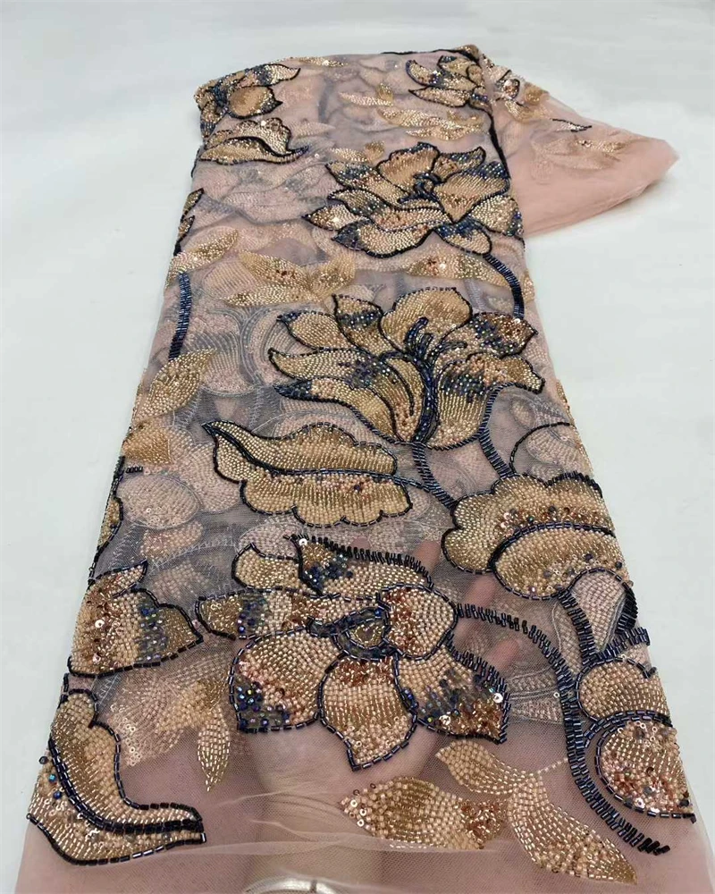 Luxury Nigerian Beaded Lace Fabric with High-Quality Sequins for African Party Dresses Special Occasion Sewing Material