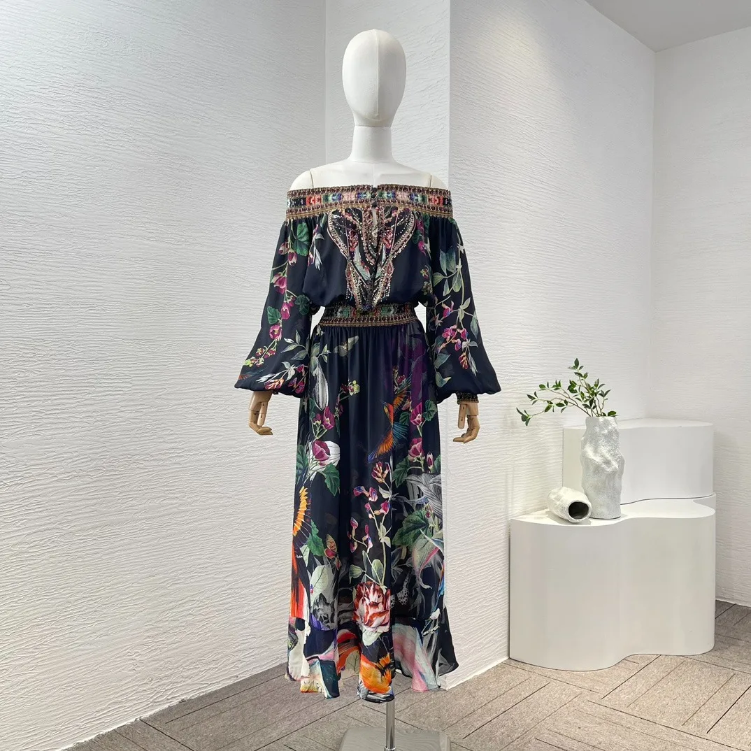 2024 Spring Summer Black Floral Print Long Sleeve Diamonds Pressed Off The Shoulder Silk Midi Dress