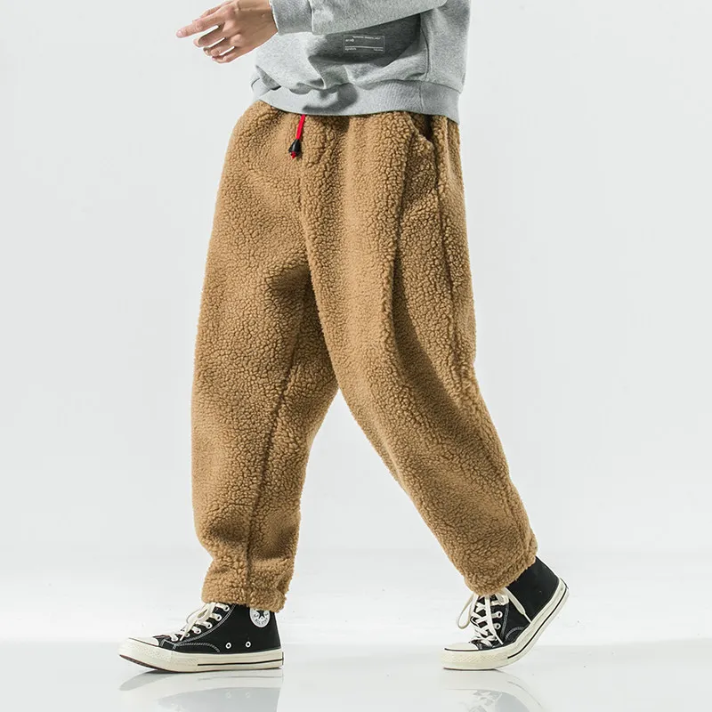 

Winter Men's Lamb Wool Casual Pants Fleece Warm Elastic Waist Sweatpants Solid Thick Harem Pants Male Vintage Joggers Trousers