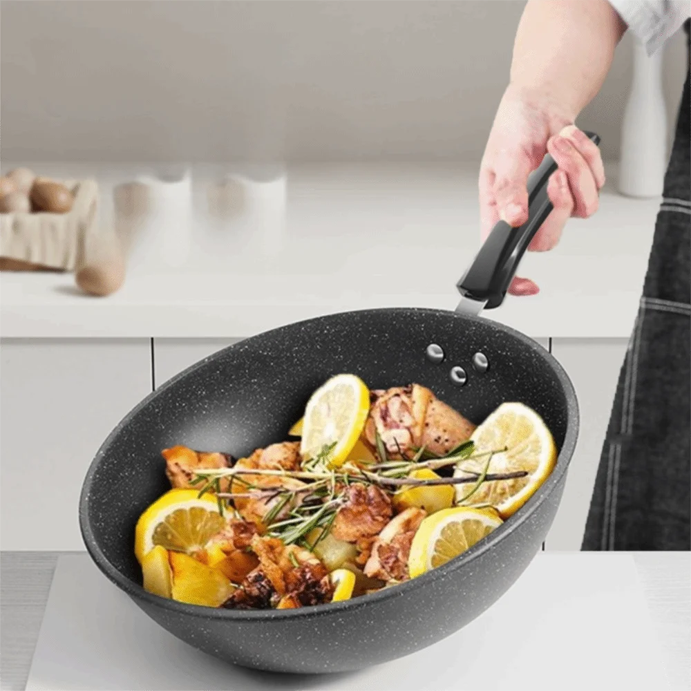 

Kitchen Cookware Non-Stick Stir-Fry Pan Flat Bottomed Universal Skillet with Lid Wok Steak