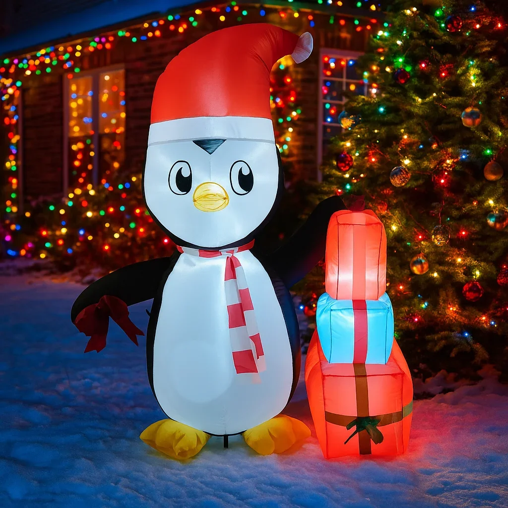 1.5M/4.9FT Inflatable Christmas Penguin with Gift Lights LED Home Decor Toys Yard Xmas Holiday Supplies Outdoor Lawn Ornaments