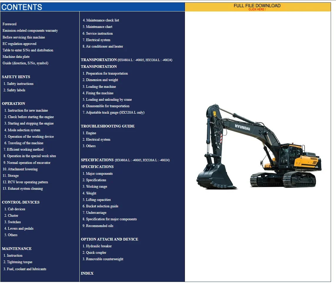 Crawler Excavators and Wheel Excavators Service Manuals 2022 for Hyundai