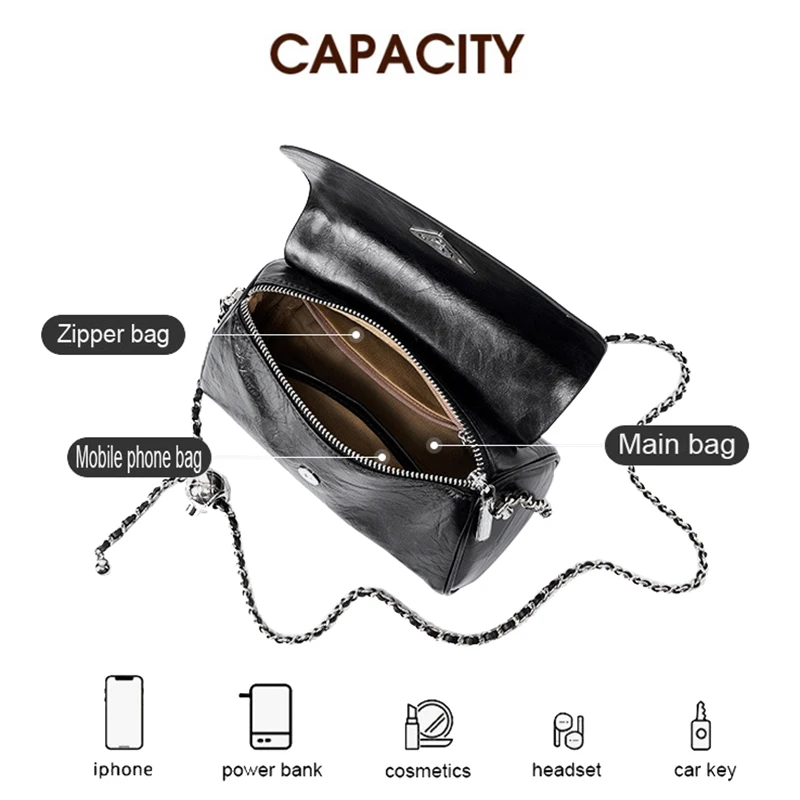 New Women Cowhide Genuine Leather Cylinder Handbag Lady Soft One Shoulder Chain Bag Female Solid Color Underarm Messenger Bags