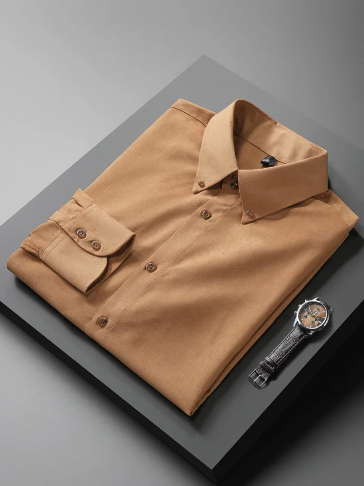 

Spring Autumn Pure Color Men's irt Casual Long Sve Slim Fit Anti-Wrinkle Faionable Young Men's Clothing Polyester Fiber