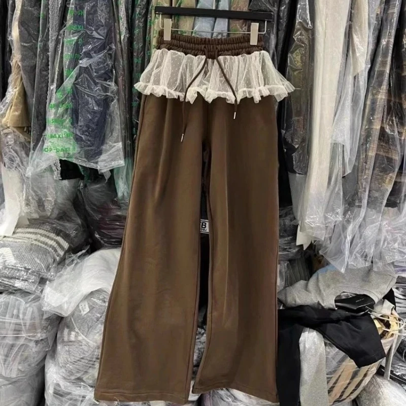 Fall 2026 Unique Lace Panel Elastic Waist Wide Leg Sweatpants Women High Rise Drawstring Straight Casual Trousers
