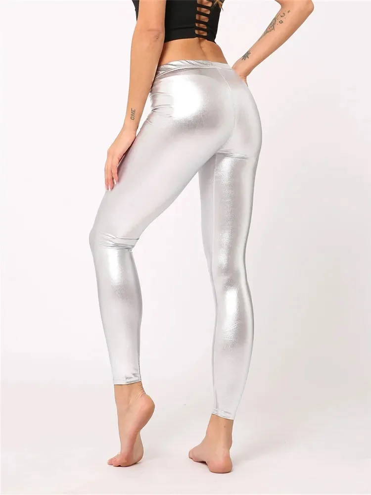 Fashion European Style Silver Bright Leather Nine-point Pants New High Elastic Imitation Leather Solid Color Leggings Women