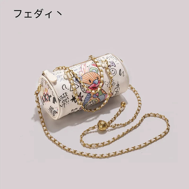 Bear graffiti cylinder bag women shoulder bag Cartoon cute chain tote bag Fashion small student small handbag