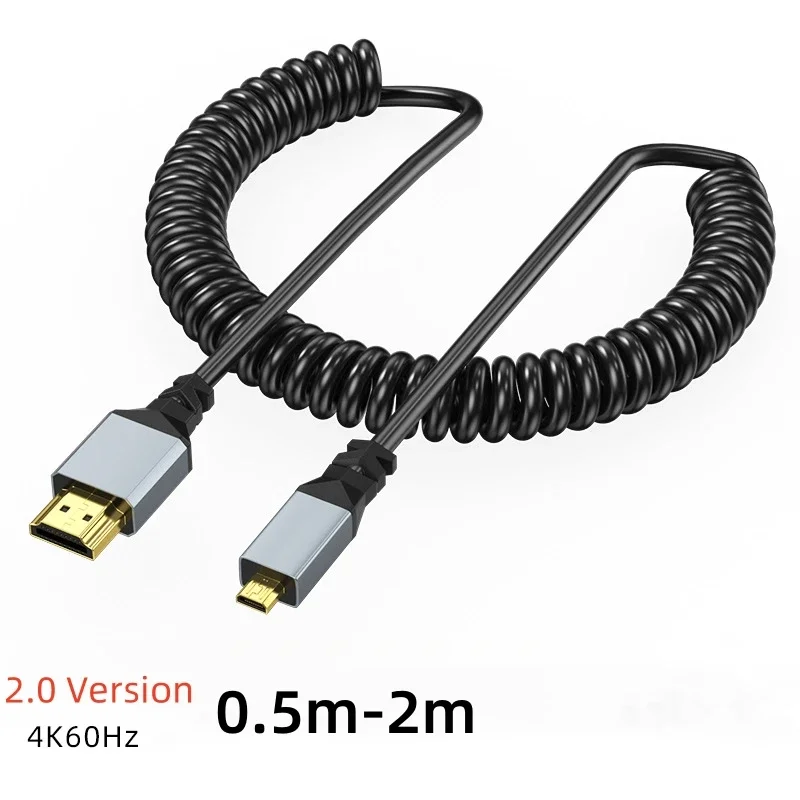 4K HD2.0 Standard To Mini-HD Micro-HD Coiled Extension Spring Flexible Cable for PC PS4 Camera Tablet HDTV Monitor 0.5M-2M Black