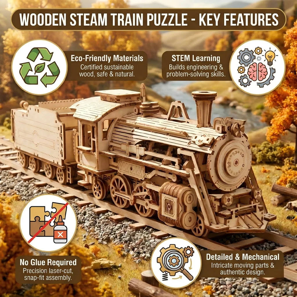 OUZEY 3D Wooden Constructor arts and creativity toys and games board games adults Vintage steam locomotive gift wooden decoratio - view 4