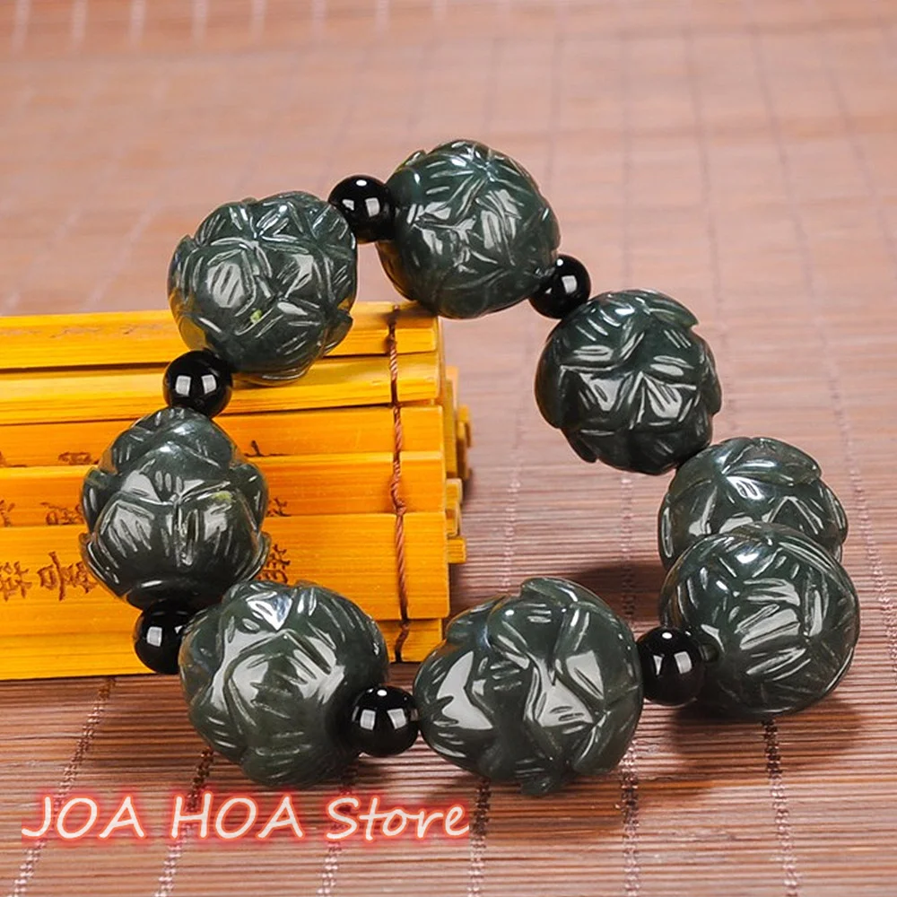 

Hand Carved Natural Hetian Jade Bracelet Top Quality A Qing-jade Lotus Beads Bangle Handring Beads-Chain Fine Jewelry